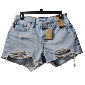 Levi's 501 Distressed Denim Shorts‎ Ripped Frayed Hem Light Wash